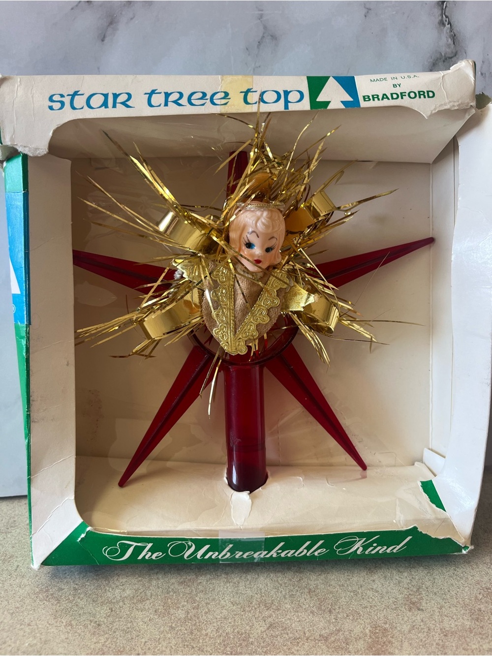 Vintage Bradford "The Unbreakable Kind" Angel Red Star Christmas Tree Topper